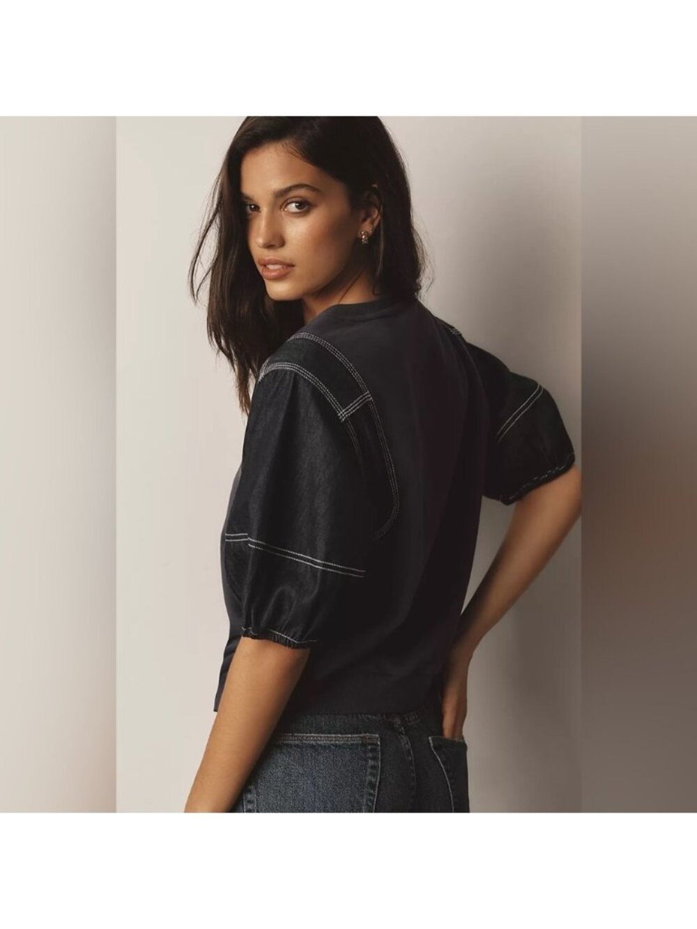 NWT Size S - Anthropologie Pilcro Denim-Sleeve Twofer Sweatshirt (100% Cotton) - Picture 4 of 16